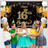 WATINC Happy 16th Birthday Backdrop Banner Sweet Sixteen Background Banners 78" x 45" Extra Large Backdrops Balloons Black Gold Party Decorations Supplies