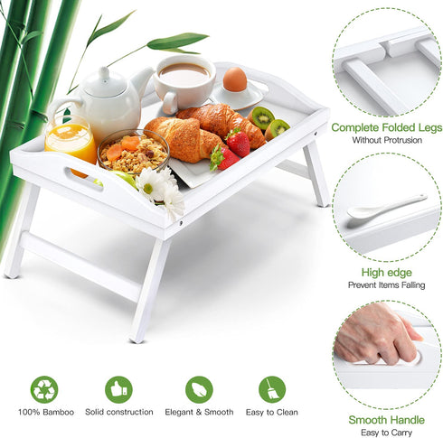 Bed Table Tray Bamboo Breakfast Platters Tray with Folding Legs Bamboo Kitchen Serving Tray by Pipishell?White?