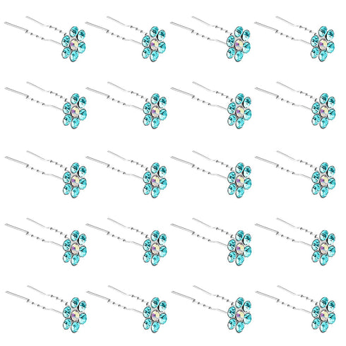 QIUTIMIY 20 Pack (Blue)Crystal Flower Hair Pins Rhinestone Hair Clips for Bridal Wedding Women Hair Jewelry Accessories, with Clear Container