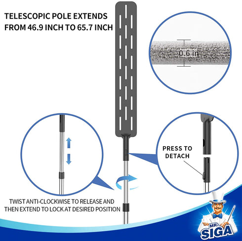 MR.SIGA Flexible Microfiber Long Duster for Gap Cleaning, Stainless Steel Adjustable Handle, Washable Gap Cleaning Duster