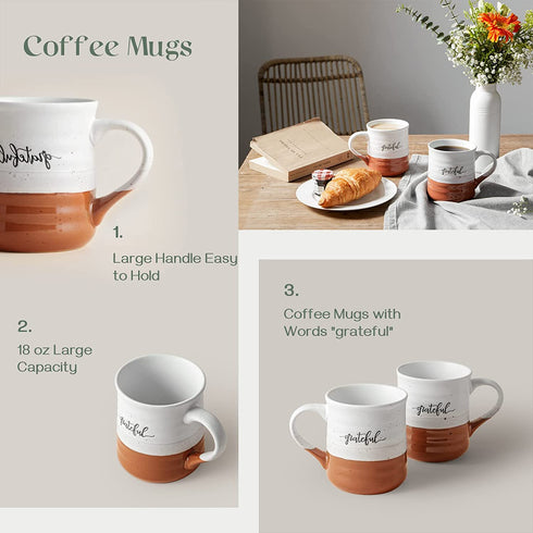 DOWAN 18 oz Large Coffee Mugs, Ceramic Mug Set with Word Grateful, Big Tea Cup for Office & Home Christmas, Dishwasher Microwave Safe, Thank You Gift, 2 Pcs, Caramel Color