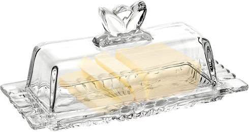 Bezrat Glass Butter Dish | Premium Butter Dish with Lid and Easy Grip Handle | Easy to Use and 100% Food Safe - Dishwasher Safe | Flower Addition