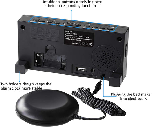 Extra Loud Alarm Clock with Bed Shaker, Vibrating Alarm Clock for Heavy Sleepers Hearing Impaired Deaf Teens, Dual Alarm Clock with 7.5™™ Large Display, USB Charger, Dimmer, Snooze & Battery Backup