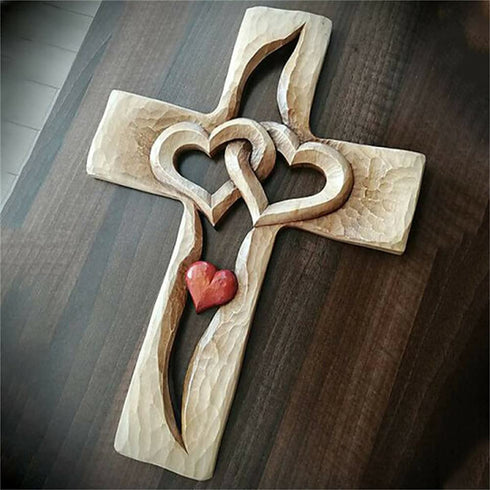 YunQin Carved Wooden Cross - Intertwined Hearts, Wooden Love Cross, Wall Hanging Hand Carved Wood Cross for Home Living Room Decor