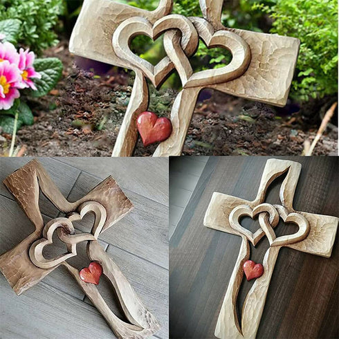 YunQin Carved Wooden Cross - Intertwined Hearts, Wooden Love Cross, Wall Hanging Hand Carved Wood Cross for Home Living Room Decor