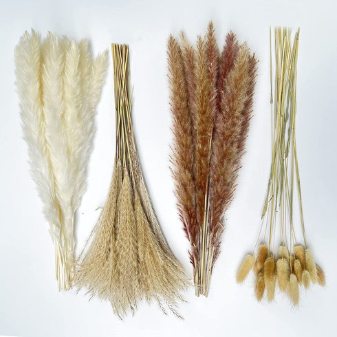 Pampas Grass 80 pcs 17.5 inch Natural Dried Pampas Grass - 15Pcs White Pampas & 15Pcs Brown Pampas & 30Pcs Reed Grass & 20Pcs Bunny Tail Grass,Fluffy stem Bouquet for Home Decor Wedding Boho Decor