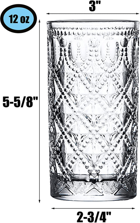 Yesland 6 Pack Vintage Drinking Glasses - 12 Oz Romantic Water Glassware Crystal Emboss Juice Glasses - Double Old Fashioned Glass and Tasting Tumblers for Juice, Cocktail, Whiskey, Beverages, Beer