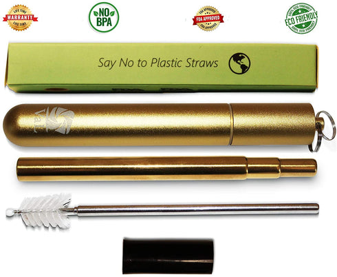 VaL-eco | Collapsible Straw, Stainless Steel Straw, Reusable Straw, Telescopic Drinking Straw with Carrying Case, Silicone Tip and Cleaning Brush, Dishwasher Safe and Compact (Gold)