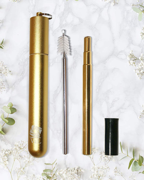 VaL-eco | Collapsible Straw, Stainless Steel Straw, Reusable Straw, Telescopic Drinking Straw with Carrying Case, Silicone Tip and Cleaning Brush, Dishwasher Safe and Compact (Gold)