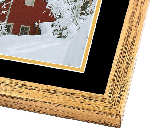 Golden State Art, 11x14 Distressed Gold Wood Frame with Black over Gold Double Mat - Displays 8x10 Photos - Real Glass, Sawtooth Hangers, Back Turn Buttons - Wall Mounting, Landscape, Portrait