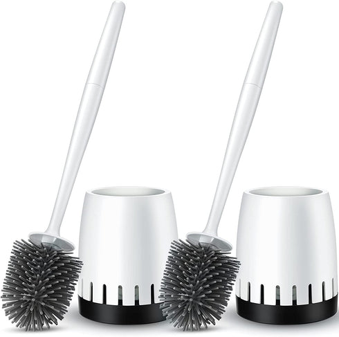 Toilet Bowl Brush Holder Set: 2 Pack Silicone Deep Cleaning Toilet Cleaner Brush for Bathroom - Compact Toilet Scrubber Accessories with Caddy for Bathroom Decorative - White