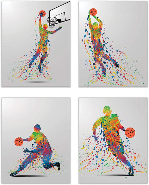 Rainbow Basketball Wall Art Decor - Set of 4 (8x10) Unframed Poster Prints