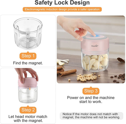 Electric Mini Garlic Chopper 2PCS Cups, Wireless Powerful Garlic Press Chopper, Portable 250ml+100ml Cups Garlic Blender For Vegetable, Fruit, Onions, Meat, Salad, Baby Food, IP68 Waterproof (Pink)