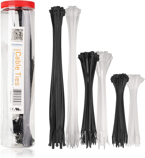 Cable Matters 200-Pack Indoor and Outdoor 6, 8,12-Inch Self-Locking Nylon Zip Ties Assorted Sizes (Tie Wraps, Cable Ties, Zipties) in Black and White