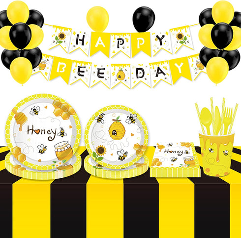 Bee Themed Party Supplies,Bee Party Tableware Set for Kids Girls Honey Butterfly Birthday Decorations, Includes Plates Cups Napkins Straws Utensils Serves 16 Guests