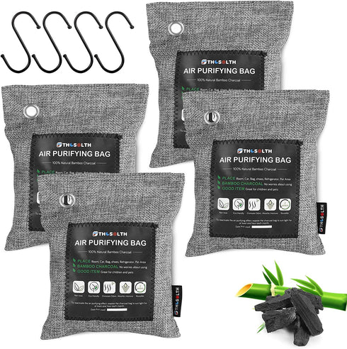 Bamboo Charcoal Air Purifying Bag(4 Packs*200g & 4 Hooks),Activated Charcoal Bags Odor Absorber-Nature Fresh Air Purifier,Closet Deodorizer Freshener,Odor Eliminator for Home,Car,Pet,Basement.