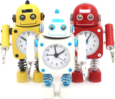 Betus Non-Ticking Robot Alarm Clock Stainless Metal - Wake-up Clock with Flashing Eye Lights and Hand Clip (White)