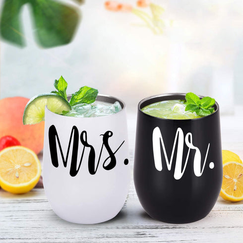 Mr and Mrs Wine Tumbler Set, Wedding Wine Tumbler, 12 Oz Insulated Stainless Steel Wine Tumbler for Newlyweds Couples Wife, Wedding Tumbler Idea for Bridal Showers Engagement, Set of 2