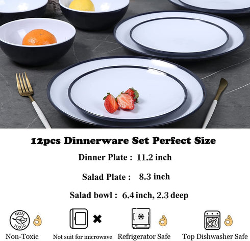 Melamine Dinnerware Set - 12pcs dinnerware set Indoor and Outdoor use, Two-color Design Dishes Dinnerware Set for 4,Dishwasher Safe, Blue