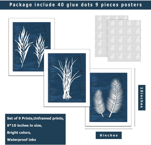 9 Pieces Botanical Wall Art Prints Navy Blue White Tropical Plant Flower Pictures Posters Boho Wall Decor for Bedroom Living Room Kitchen Home Decoration 8"x 10" UNFRAMED