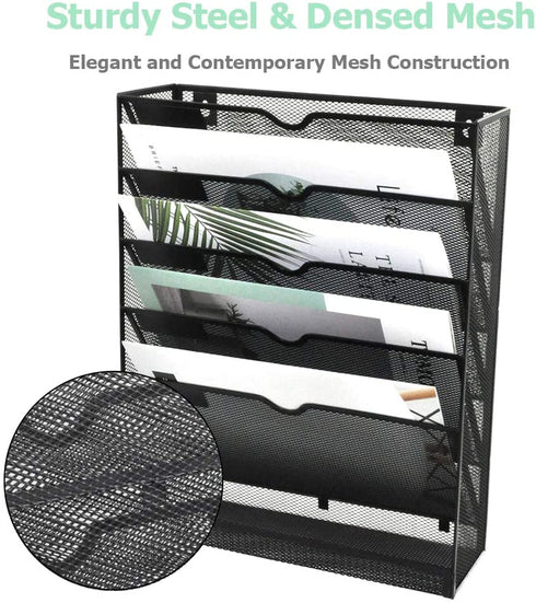 EASEPRES Mesh Wall File Organizer 5 Tier Vertical Mount Hanging Holder Magazine Rack with Bottom Flat Tray, Black