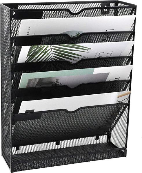 EASEPRES Mesh Wall File Organizer 5 Tier Vertical Mount Hanging Holder Magazine Rack with Bottom Flat Tray, Black