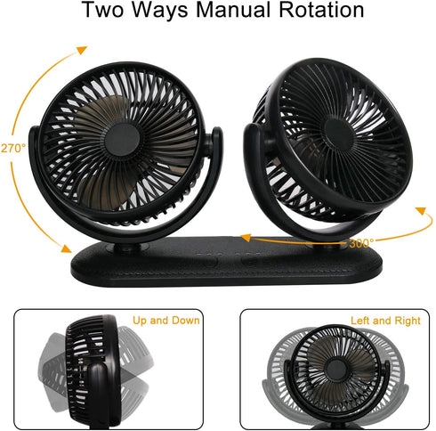 TriPole Car Fan Portable Vehicle Fan Dual Head Electric Fan Vehicle Mounted USB Fan 300 Degree Rotation Auto Cooling Fan 3 Speed Strong Wind Desk Fan for Dashboard SUV RV Truck Sedan Home Office