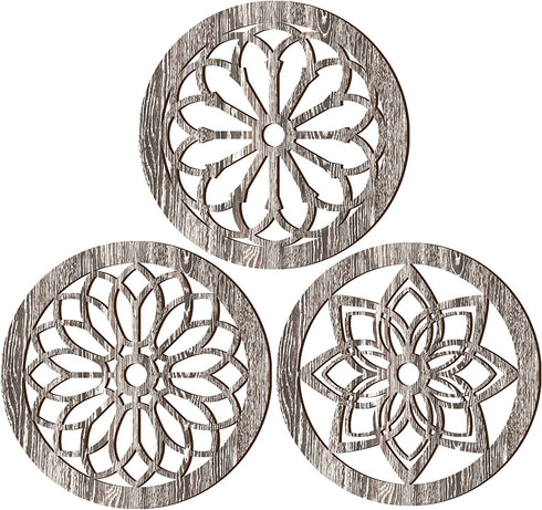 3 Pcs Thickened Wooden Rustic Wall Decor Flower Carved Wall Art Farmhouse Geometric Frame Hanging Art Decor for Home Decor (Light Brown,Round)