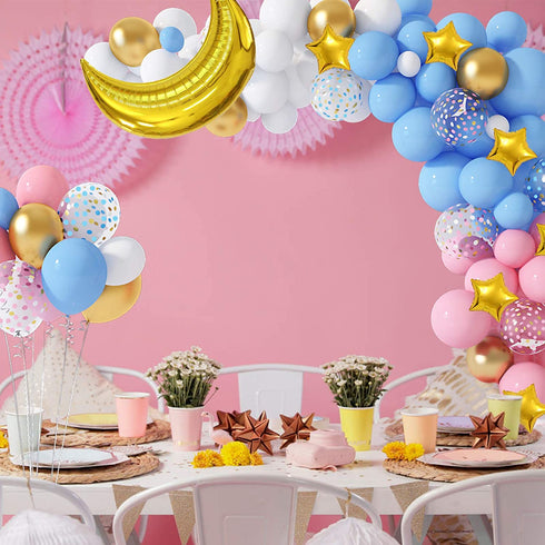 126Pcs Gender Reveal Party Supplies Pink and Blue Balloon Garland Arch Kit, Gold Foil Moon&Stars Confetti Pastel White Latex Balloons for Birthday Baby Shower Decorations Wedding Party Supplies