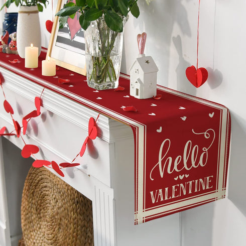 Artoid Mode Elegant French Stripe Hearts Love Hello Valentine's Day Table Runner, Seasonal Anniversary Wedding Holiday Kitchen Dining Table Decoration for Indoor Outdoor Home Party Decor 13 x 72 Inch