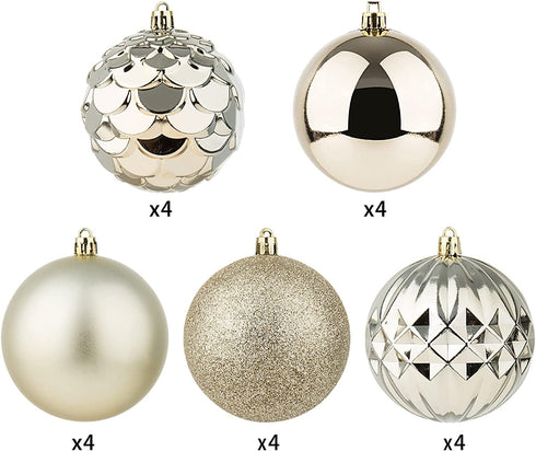 20Ct Christmas Ball Ornaments for Xmas Tree Shatterproof Christmas Decorations Hanging Ball Small for Holiday Party Decoration Tree Ornaments (Champaign Gold, 3.14In)