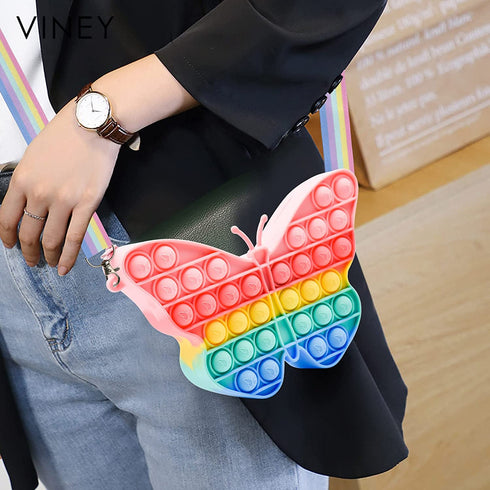 HOMICO Pop Shoulder Bag Fidget Toy Rainbow Butterfly Pop Fidget Bag Toy Silicone Pop Bubble Sensory Fidget Toy School Supplies Birthday Party Favors for Girls