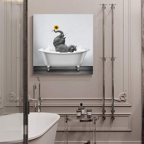 Canvas Prints Bathroom Wall Art Framed Wall Decor,Elephant with Sunflower in Bathtub Wall Painting Animal Print Artwork for Living Room Bedroom Kitchen Wall Decorations Ready to Hang 12x12in