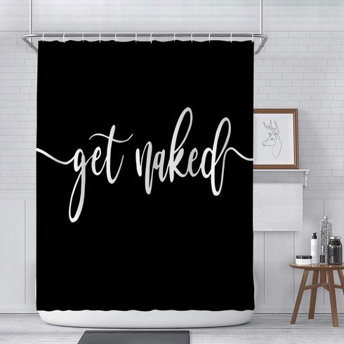 Bartori Home Decorative Shower Curtain with Free Hooks Overstriking and illegible White Words Get Naked On Black Background Waterproof Polyester Fabric Bath Curtain with Size 71''X71''