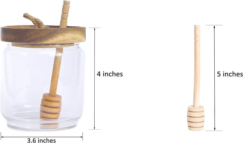 Honey Jar Pot Glass Holder Dispenser Set with Wooden Dipper Stick and Acacia Lid Cover for Home Kitchen, Clear, 14 Ounces, Modern Honey Syrup Glass Container for Storage Gift, Honey Pot and Drizzler