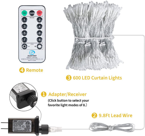 Brightown Window Curtain Lights, 600 Led 20 Feet Dimmable with Remote to Set 8 Lighting Modes and Timer, Fairy Led Lights for Bedroom Wall Wedding Decorate String Lights, Pure White, No Curtain