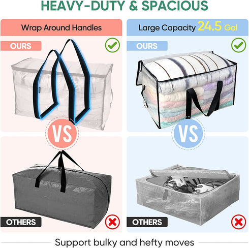 BALEINE 2-Pack Oversized Moving Bags with Reinforced Handles, Heavy-Duty Storage Tote for Clothes, Moving Supplies (Clear)