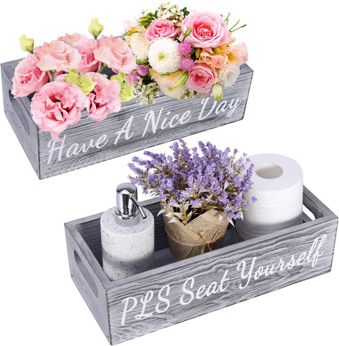 Emibele Bathroom Decor Box, 1 Pack Toilet Paper Holder Diaper Organizer, Rustic Wooden Farmhouse Bathroom Box, Toilet Tank Tray with Handle Funny Signs Home Decor for Counter Table and Kitchen, Gray