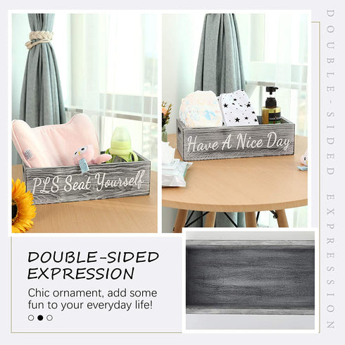 Emibele Bathroom Decor Box, 1 Pack Toilet Paper Holder Diaper Organizer, Rustic Wooden Farmhouse Bathroom Box, Toilet Tank Tray with Handle Funny Signs Home Decor for Counter Table and Kitchen, Gray