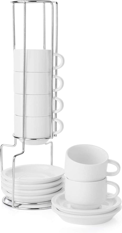 Porcelain Espresso Cups with Saucers and Metal Stand, Stackable Demitasse Cups - 2.5 Ounce for Coffee and Tea, Set of 6, White