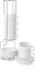Porcelain Espresso Cups with Saucers and Metal Stand, Stackable Demitasse Cups - 2.5 Ounce for Coffee and Tea, Set of 6, White