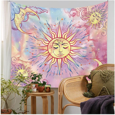 Pink Tapestry Burning Sun Tapestry Psychedelic Hippy Tie Dye Sun Tapestries Celestial Sun and Moon with Stars Tapestry Abstract Wall Tapestry for Bedroom, Living Room, Dorm Decor (78.7"*59", Pink)