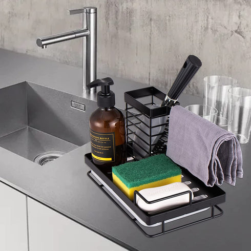 Sink Caddy, Mlesi Kitchen Sink Caddy Organizer Countertop Sponge Brush Soap Holder with Drain Pan,Soap Dispenser Caddy Organizer Rust-Proof Black