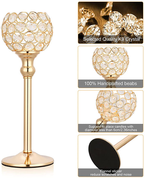 Hossejoy 2 PCS Candle Holders, Crystal Candlestick Holders for Tables Dining Halloween Christmas Anniversary Wedding Decoration, Fit Best with Flameless LED Tea Light Candles (Gold)