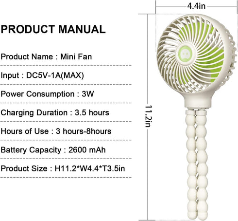 HomeLifairy Stroller Fan 2600mAh Battery Fan Clip On Fan Rechargeable Handheld Personal Portable Fan Car Seat Fan for Baby Small Desk USB Mini Fan for Stroller Accessories Crib Car Rides