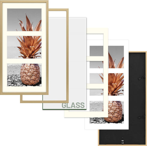 Frametory, 7x14 Gold Picture Frame - Fits 3 - 4x6 Photos, Aluminum Metal Molding - Three Opening Ivory Mat - Wall Display - Great for Vacation, Holiday, Graduation Prints (Gold)
