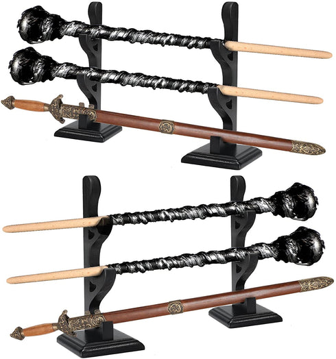 2 Set Wizard Wand Holder Wood Wand Display Stand Magic Wand Display Holder for Wand, Knife, Dagger, Table Counter Shelf Home or Office Display, Halloween Decor, Black (3 Tiers)
