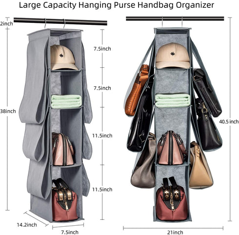 SAVERHO Hanging Purse Organizer,Closet Purse Organizer with 10 Compartments Handbag Storage Organizer for Wardrobe Accessories Storage Bag (Grey)