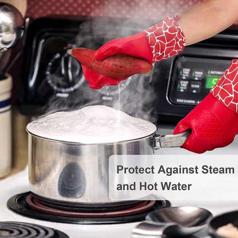 Bobalaly Silicone Oven Mitts and Pot Holders Set 500 F Heat Resistant Oven Gloves Flexible for Kitchen Cooking Baking Grilling Microwave with Quilted Liner BPA Free Non-Slip (Red)
