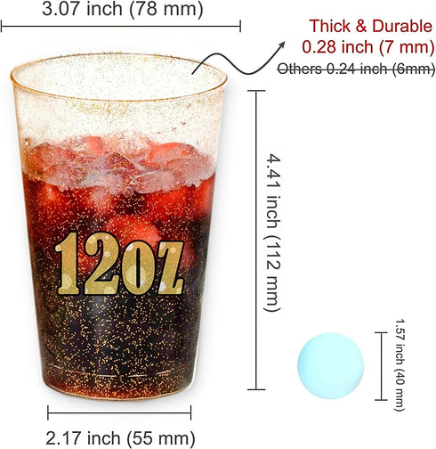 KOPHADOT 12oz Gold Glitter Plastic Cups 50 packs with 2 Party Pong Balls, Disposable and Reusable Elegant GoldCup Glitter Party Drinking Cups for Weddings, Bachelorette Parties, Christmas